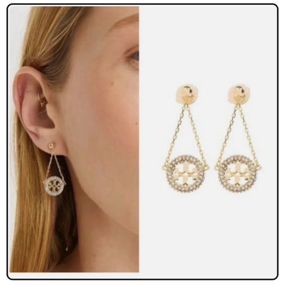 New Tory Burch Miller pavé Gold drop earrings on TB Earring Card